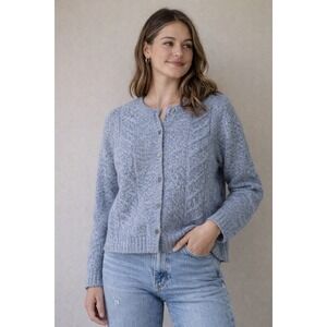 Rena Rowan Blue Marl‎ Wool Blend Cable Knit Button Front Cardigan Sweater Medium